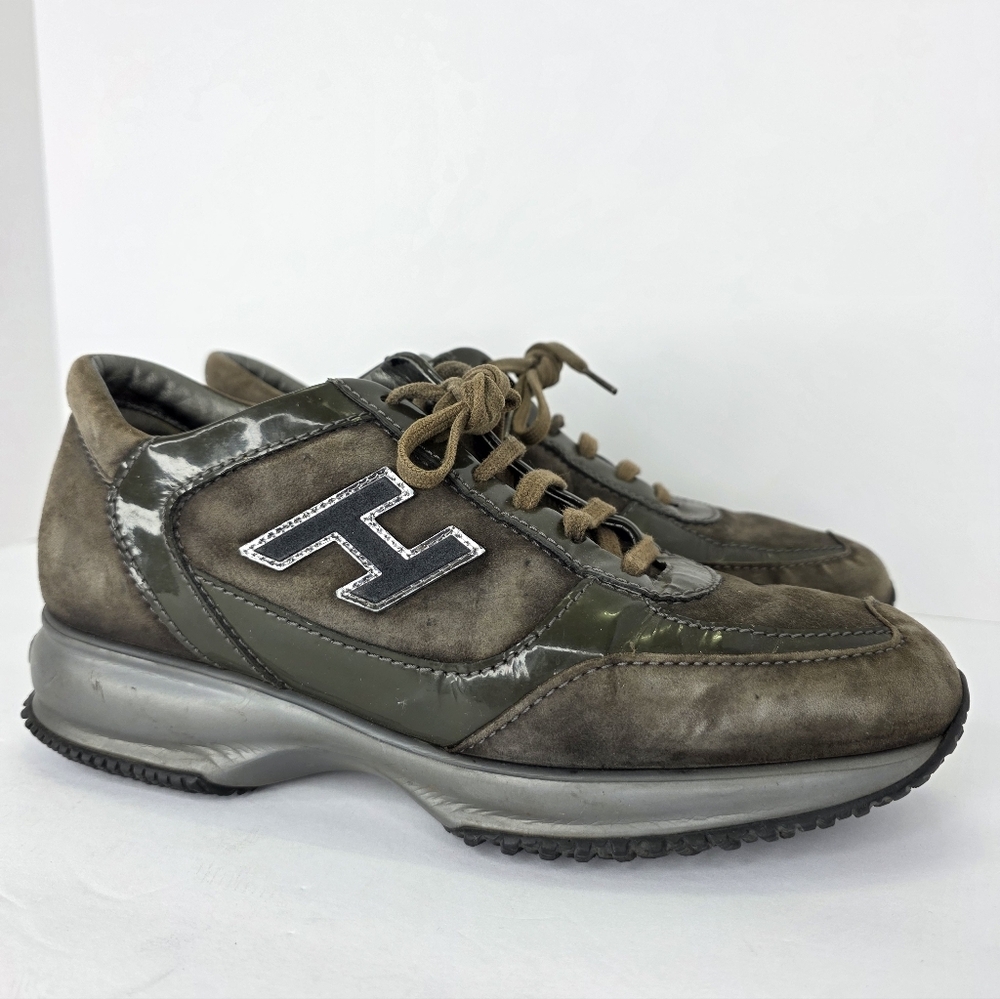 Hogan Interactive Suede Patent Leather Sneakers Womens Almond Toe H Logo  38 1/2 - Picture 9 of 16